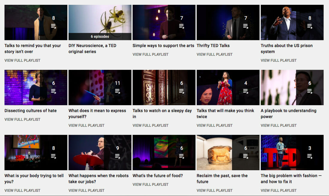 TED Talks YT playlists as example of popular video content types