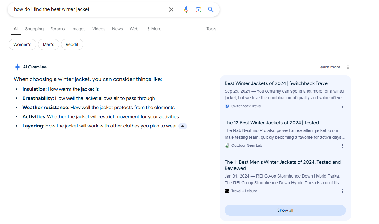 How do I find the best winter jacket Google search